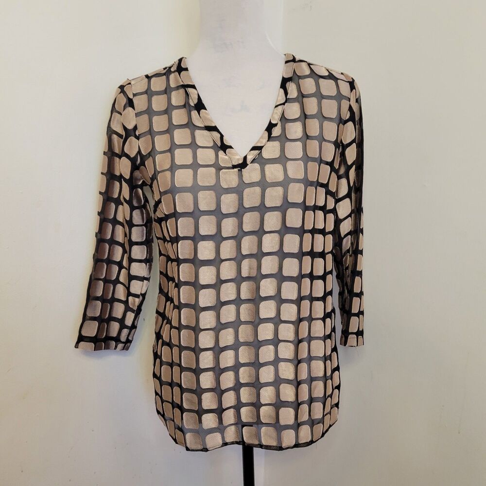 The Limited Sheer V-Neck Top Women XS Black Gold 3/4 Sleeve Lightweight Blouse